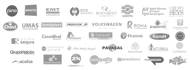 cocinas pino, pinturas monto, emt, dcd, royo group, aceitunas cazorla, avfga, grupo seys, chovi, umas, lamiplast, profiltek, volswagen, roha, bardinet, la manga club, grupo segura, cosmoral, comeval, pearson, kotott, tm, grupo halcon, previsora general, alliance, pavasal, thyssen krupp, acunsa, lontana, ucalsa, aznar textil, transquality, perez lazaro, plastimodul, pico tex, colorantes industriales