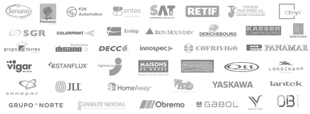 carnicas serrano, panamar, KDR automotive, entex, SAT, retif, textiles frau perez, CEHYV, Kaeser, derichebourg, iron mountain, erchip, decco, innospec, covifrigo, puchades, yaskawa, lantek, muebles ob, jimenez viso, gabol, obremo, homeaway, ttp, generalitat valenciana, casa vigar, sonepar, grupo norte, grupo torres, disano, jll, colorprint, estanflux, cocinas pino, pinturas monto, emt, dcd, royo group, aceitunas cazorla, avfga, grupo seys, chovi, umas, lamiplast, profiltek, volswagen, roha, bardinet, la manga club, grupo segura, cosmoral, comeval, pearson, kotott, tm, grupo halcon, previsora general, alliance, pavasal, thyssen krupp, acunsa, lontana, ucalsa, aznar textil, transquality, perez lazaro, plastimodul, pico tex, colorantes industriales