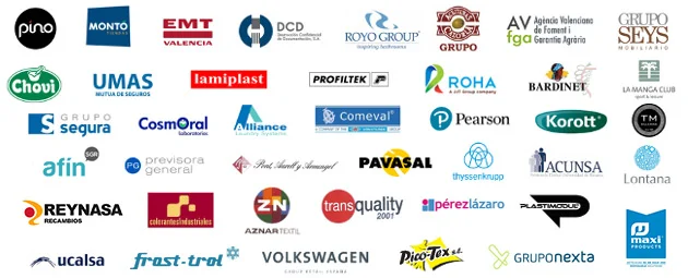 cocinas pino, pinturas monto, emt, dcd, royo group, aceitunas cazorla, avfga, grupo seys, chovi, umas, lamiplast, profiltek, volswagen, roha, bardinet, la manga club, grupo segura, cosmoral, comeval, pearson, kotott, tm, grupo halcon, previsora general, alliance, pavasal, thyssen krupp, acunsa, lontana, ucalsa, aznar textil, transquality, perez lazaro, plastimodul, pico tex, colorantes industriales, maxi products, frost-trol, reynasa, grupo nexta